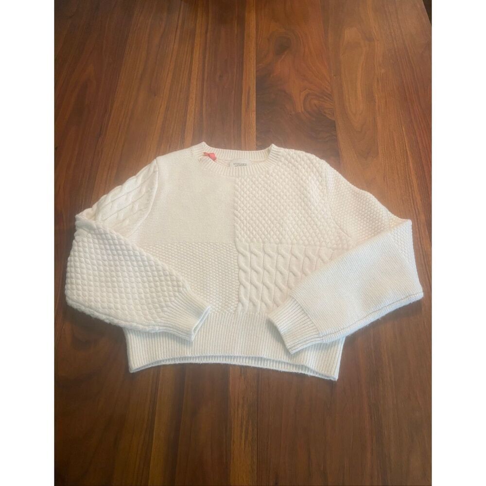 Stitches + Stripes White Crew Neck Long Sleeve Cropped Knit Sweater Small